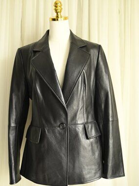 Ellen Tracy Black Genuine Leather Blazer Jacket Size 10